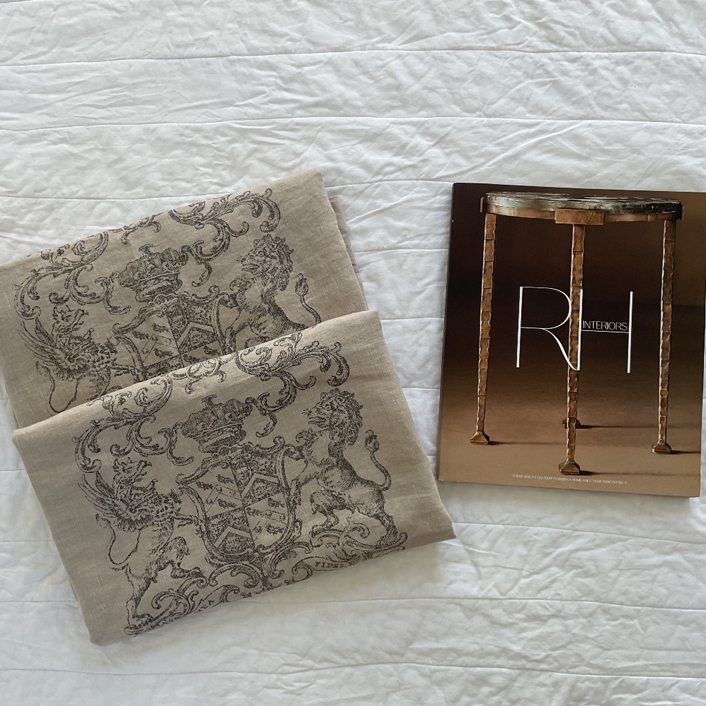 Restoration Hardware Wentworth Crest Belgian Linen Shams S/2 King & RH Catalog